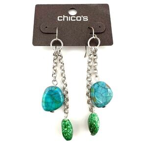 CHICO'S Matte Silver Tone Chain Earrings with Crackle Finish Turquoise Beads NWT